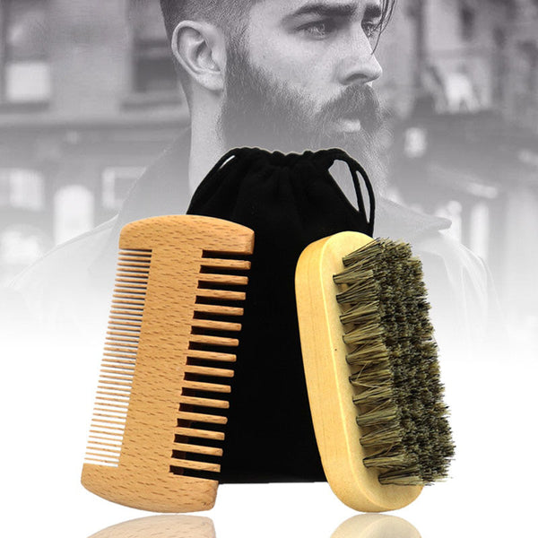 Wood Beard Brush And Comb Set  Blue Sky